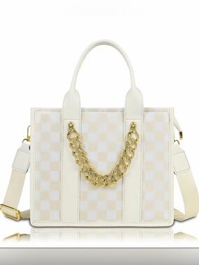 White Checkered Crossbody Tote Bag with Gold Chain – New